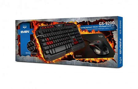 SVEN GS-9200 Набор игровые клавиатура, мышь и коврик (USB, мембранная, 104 клавиши, оптическая, 6 кнопок, 2400 dpi, 300 х 230)