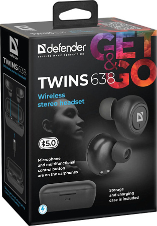 DEFENDER TWINS 638 Беспроводная гарнитура черная (TWS, Bluetooth, 300 мА, Micro-USB)