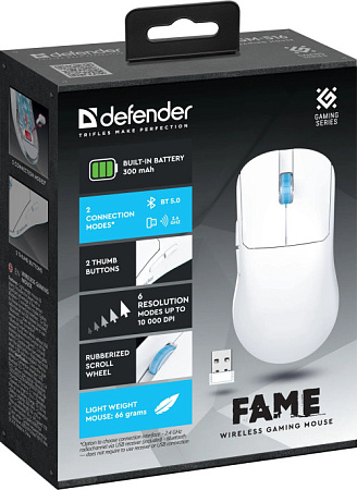 DEFENDER FAME белая Беспроводная игровая мышь (USB, 2.4 ГГц, Bluetooth, 6 кн., 300 мАч, 10000 dpi, GM-516)