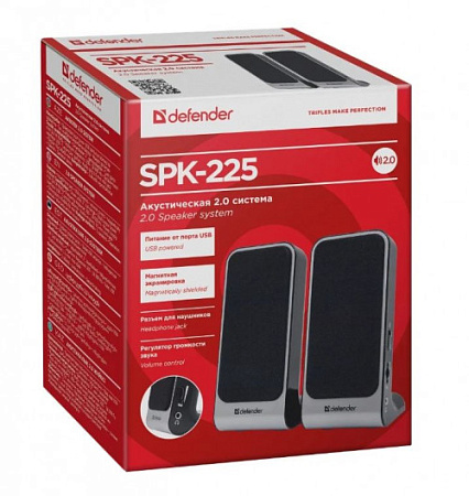 DEFENDER SPK-225 Колонки 2.0 чёрные (2 х 2 Вт, пластик, USB, 3.5 мм jack)