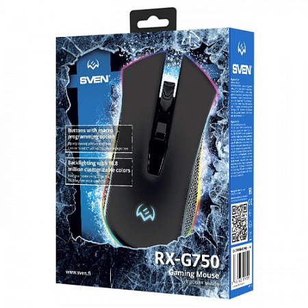 SVEN RX-G750 Игровая мышь чёрная (USB, оптическая, 6 кнопок, 6400 dpi, RGB подсветка)