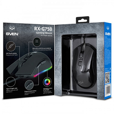 SVEN RX-G750 Игровая мышь чёрная (USB, оптическая, 6 кнопок, 6400 dpi, RGB подсветка)