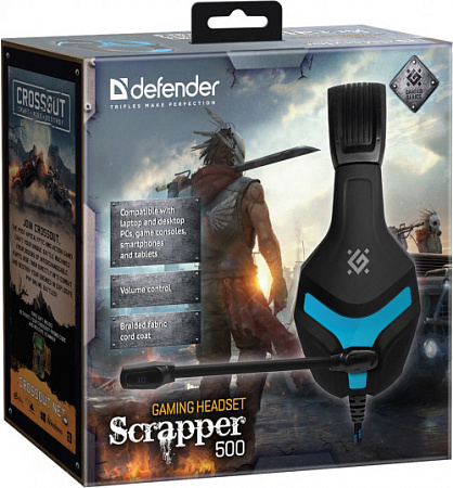 DEFENDER SCRAPPER 500 черно-синяя Игровая гарнитура (40 мм, 2 x 3,5-мм джек, 4-пиновый разъем 3,5-мм джек)