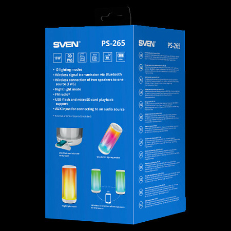 SVEN PS-265 1.0 белые Мобильные колонки (10W, mini Jack, USB, Bluetooth, micro SD, подсветка, USB Type-C, 2000 мA)