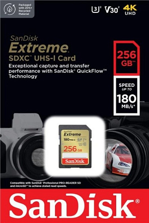 Флеш карта SDXC 256GB SanDisk Extreme UHS-I Class 3 (U3) V30 180/90 MB/s <SDSDXVV-256G-GNCIN>