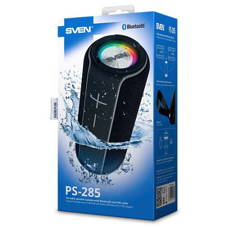 (OEM) SVEN PS-285 2.0 Мобильные колонки чёрные (IPx7, 2x10W, USB, Bluetooth, micro SD, AUX, подсветк